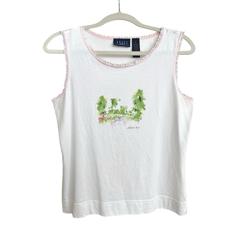 Lands' End White Sleeveless Tank with Pink Trim and Garden Print